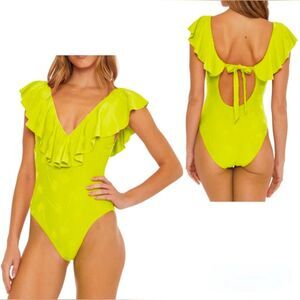 NWT Trina Turk Sway Ruffle Plunge One Piece neon green tropical Swimsuit Size 10